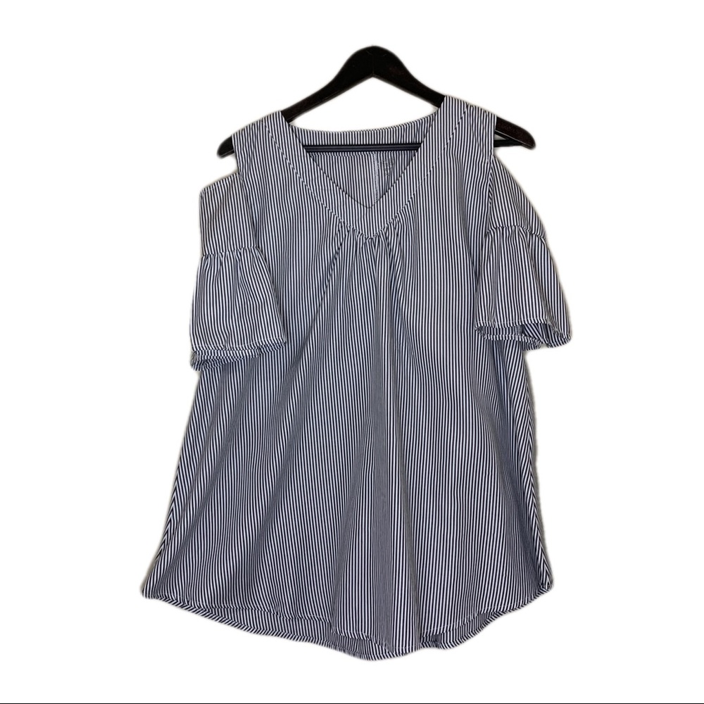 Tickled Teal XL Cold Shoulder Blouse with a Lengthwise Black & White Thin Stripe